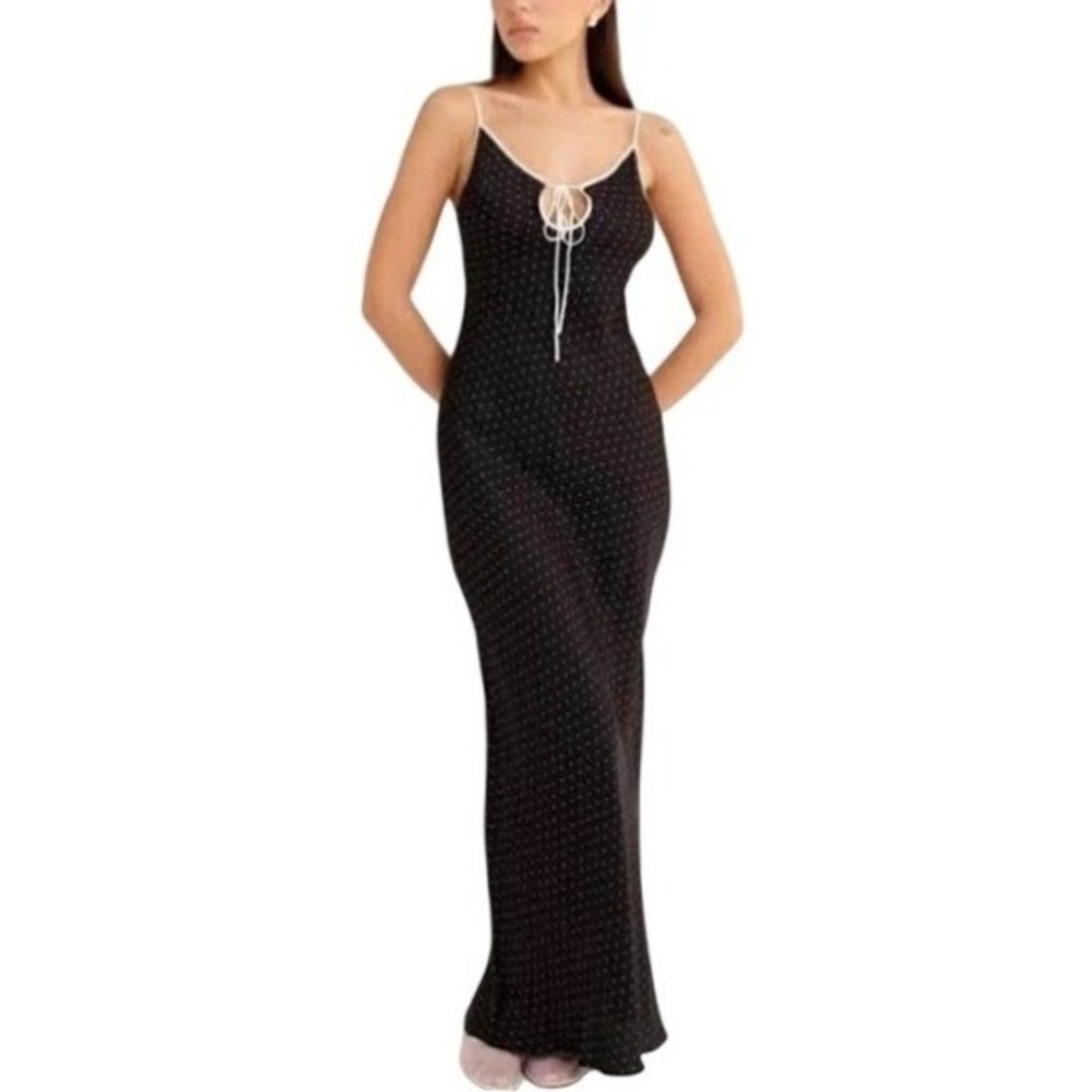 NEW RUMORED Daytona Maxi Dress‎ XL Betty Dot Black Plunging V Neck Tie Front